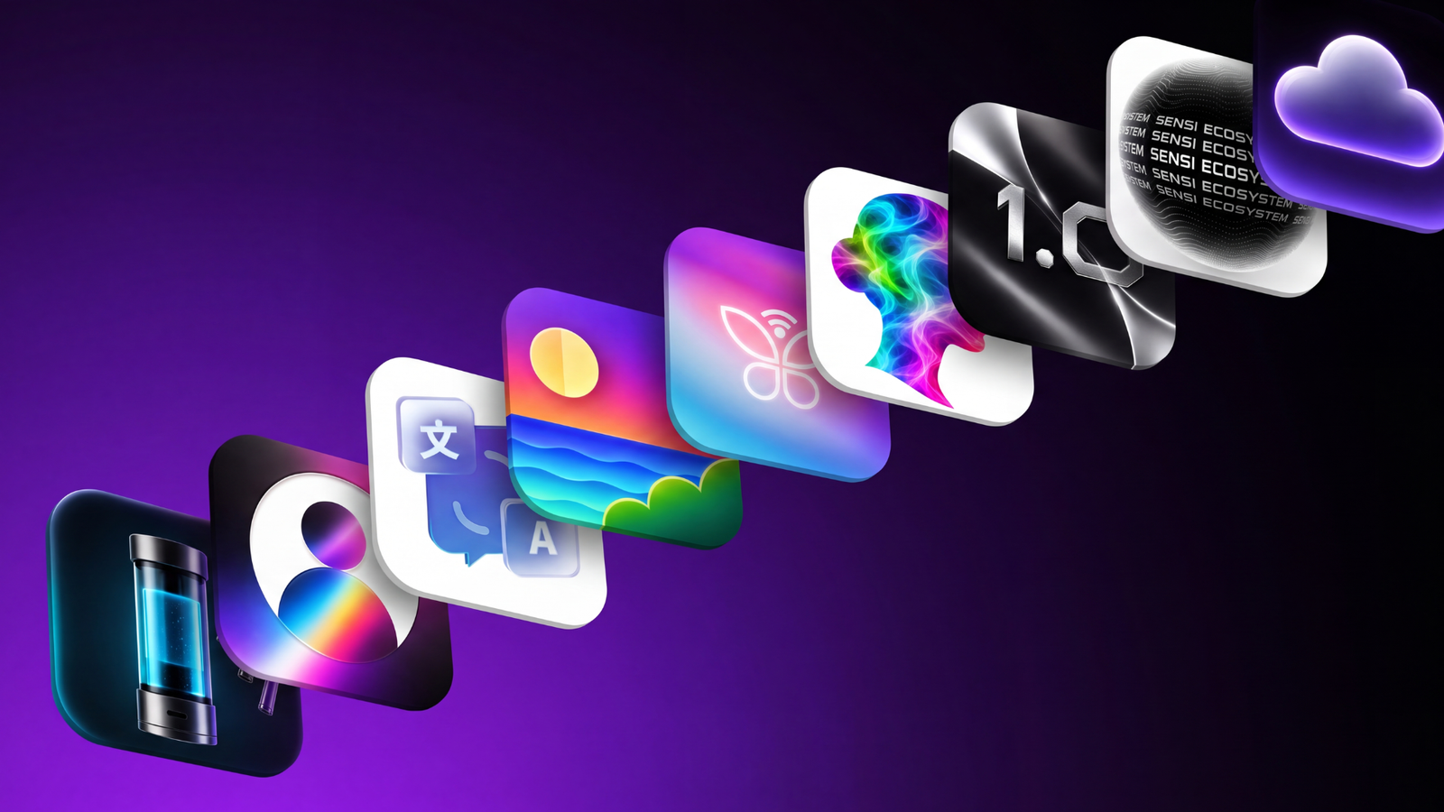 The SENSI app ecosystem — device control, profile, translation, moments, connectivity, AI, versioning and cloud icons.